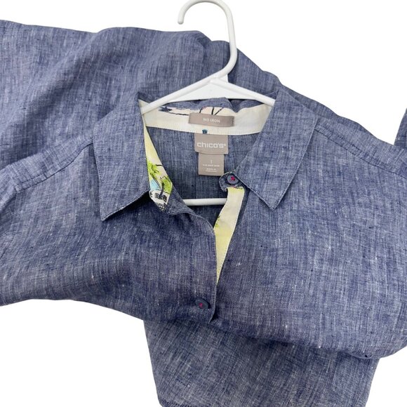 Chicos Light Blue 100% Linen No Iron Button-Up Tunic Shirt Womens Size 1 (8/10) - Picture 9 of 12